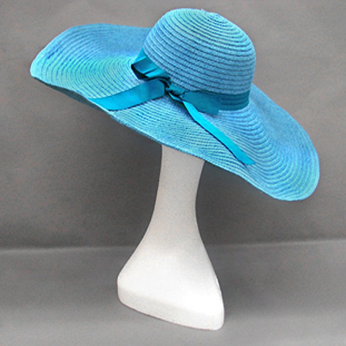 Straw Hat: Shapable Paper Straw Wide Brim Hat w/ Ribbon - Turquoise - HT-ST1164TU